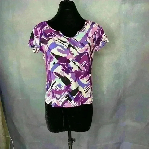 ANNE KLEIN SPORT 2for 1 Watercolor Stripe Split Neck Tee AND purple splash - Picture 12 of 13